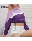 Waatfaak damskie bluzy luźna Crop Top bluza z kapturem Patchwork z kapturem z golfem jesień moda fioletowy bluza z długim rękawe