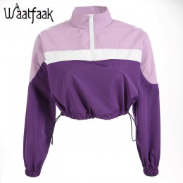Waatfaak damskie bluzy luźna Crop Top bluza z kapturem Patchwork z kapturem z golfem jesień moda fioletowy bluza z długim rękawe