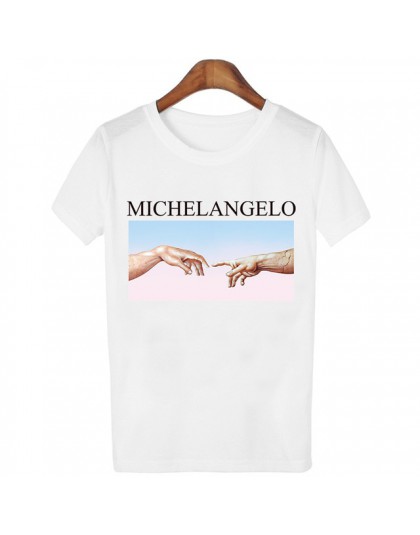 Modne klasyczne białe t-shirty damskie z krótkim rękawkiem okrągłym dekoltem z grafika inspirowaną dziełami Michała Anioła