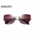 RSSELDN moda Rimless Cat Eye okulary przeciwsłoneczne damskie marka projektant przezroczysty obiektyw gradientu okulary przeciws