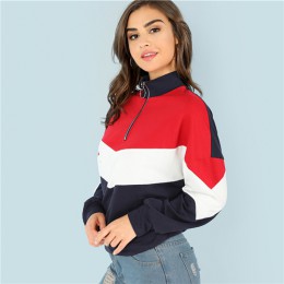 SHEIN Multicolor minimalistyczny o-ring Zip przód cięcia i szycia stojak szyi Raglan rękawem bluza jesień kobiety Casual swetry