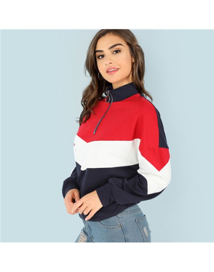 SHEIN Multicolor minimalistyczny o-ring Zip przód cięcia i szycia stojak szyi Raglan rękawem bluza jesień kobiety Casual swetry