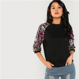 SHEIN Black Highstreet cekiny Colorblock 3/4 długość Raglan rękaw Streetwear bluza 2018 jesień na co dzień kobiety bluzy