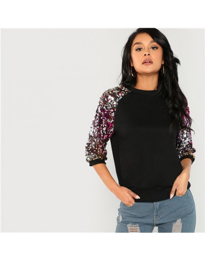 SHEIN Black Highstreet cekiny Colorblock 3/4 długość Raglan rękaw Streetwear bluza 2018 jesień na co dzień kobiety bluzy