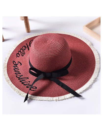 Ymsaid szerokim rondem kapelusze przeciwsłoneczne dla kobiet list haft czarny łuk kapelusz słomkowy Panama złożone dyskietki pla