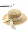 Nowy proste kobiety plaży latem rafia czarny biała wstążka kapelusz łuk rafia kapelusz Temperament płaskie kapelusze słomkowe da