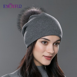 ENJOYFUR zima kobiety prawdziwe futro czapki z pomponem z wełny dzianiny grube ciepłe wyłożona czapka beanie lady moda bobble cz