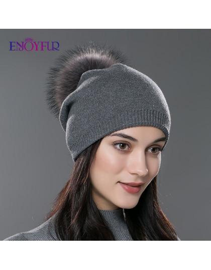 ENJOYFUR zima kobiety prawdziwe futro czapki z pomponem z wełny dzianiny grube ciepłe wyłożona czapka beanie lady moda bobble cz