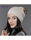 ENJOYFUR zima kobiety prawdziwe futro czapki z pomponem z wełny dzianiny grube ciepłe wyłożona czapka beanie lady moda bobble cz