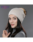 ENJOYFUR zima kobiety prawdziwe futro czapki z pomponem z wełny dzianiny grube ciepłe wyłożona czapka beanie lady moda bobble cz