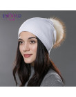 ENJOYFUR zima kobiety prawdziwe futro czapki z pomponem z wełny dzianiny grube ciepłe wyłożona czapka beanie lady moda bobble cz