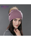 ENJOYFUR zima kobiety prawdziwe futro czapki z pomponem z wełny dzianiny grube ciepłe wyłożona czapka beanie lady moda bobble cz