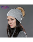 ENJOYFUR zima kobiety prawdziwe futro czapki z pomponem z wełny dzianiny grube ciepłe wyłożona czapka beanie lady moda bobble cz