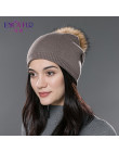 ENJOYFUR zima kobiety prawdziwe futro czapki z pomponem z wełny dzianiny grube ciepłe wyłożona czapka beanie lady moda bobble cz