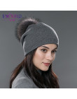 ENJOYFUR zima kobiety prawdziwe futro czapki z pomponem z wełny dzianiny grube ciepłe wyłożona czapka beanie lady moda bobble cz