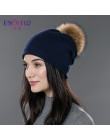 ENJOYFUR zima kobiety prawdziwe futro czapki z pomponem z wełny dzianiny grube ciepłe wyłożona czapka beanie lady moda bobble cz