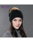 ENJOYFUR zima kobiety prawdziwe futro czapki z pomponem z wełny dzianiny grube ciepłe wyłożona czapka beanie lady moda bobble cz