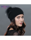 ENJOYFUR zima kobiety prawdziwe futro czapki z pomponem z wełny dzianiny grube ciepłe wyłożona czapka beanie lady moda bobble cz