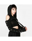 InstaHot czarny zimno ramię z kapturem bluzy kobiety Gothic Sexy jesień z długim rękawem Crop topy pani fajne łańcuch moda ubran