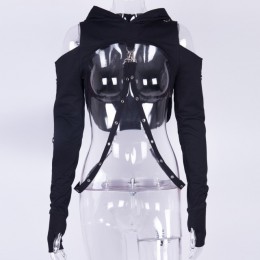 InstaHot czarny zimno ramię z kapturem bluzy kobiety Gothic Sexy jesień z długim rękawem Crop topy pani fajne łańcuch moda ubran