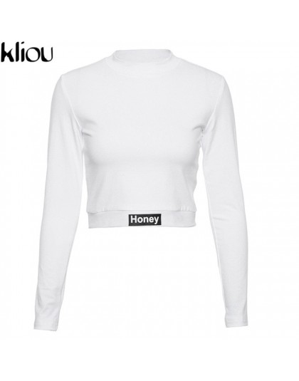 Kliou 2018 nowych moda jesień kobiety stałe biały list druku z długim rękawem bluzy kobiety Street O-Neck krótki Crop topy tees