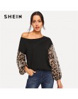 SHEIN czarny Leopard kontrast Mesh sweter na jedno ramię biskup rękawem bluza kobiety jesień Patchwork elegancki bluzy