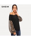 SHEIN czarny Leopard kontrast Mesh sweter na jedno ramię biskup rękawem bluza kobiety jesień Patchwork elegancki bluzy