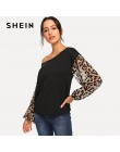 SHEIN czarny Leopard kontrast Mesh sweter na jedno ramię biskup rękawem bluza kobiety jesień Patchwork elegancki bluzy