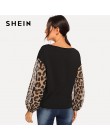 SHEIN czarny Leopard kontrast Mesh sweter na jedno ramię biskup rękawem bluza kobiety jesień Patchwork elegancki bluzy