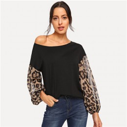 SHEIN czarny Leopard kontrast Mesh sweter na jedno ramię biskup rękawem bluza kobiety jesień Patchwork elegancki bluzy