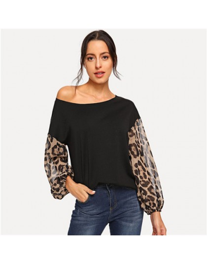 SHEIN czarny Leopard kontrast Mesh sweter na jedno ramię biskup rękawem bluza kobiety jesień Patchwork elegancki bluzy