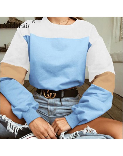 Nadafair kolor patchwork luźne na co dzień bluzy damskie bluzy jesień elastyczny pas sexy street wear crop topy sudadera mujer