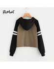 ROMWE sznurkiem Colorblock list Varsity w paski Raglan rękaw bluza z kapturem kobiety na co dzień wiosna jesień z kapturem Multi