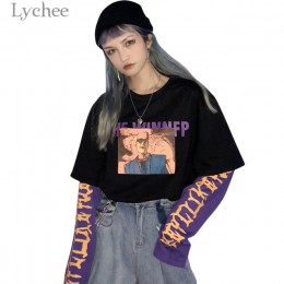 Lychee Vintage fałszywe 2 sztuk charakter list kobiety bluza Hit kolor O-Neck z długim rękawem jesień na co dzień luźne kobiet s