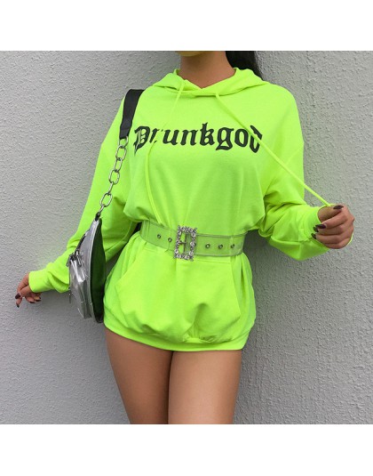 Weekeep kobiety luźne list druku bluza moda Streetwear bluza z kapturem fluorescencyjne długa bluza z kapturem wiosna jesień swe