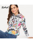 ROMWE Cartoon graficzne drukuj krótka bluza z kapturem wiosna jesień kobiet z kapturem z długim rękawem kobiety Multicolor na co