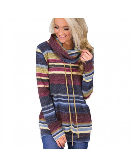 Sweter z golfem kobiet jesień zima z długim rękawem sweter 2018 w paski wielokolorowy luźny pulower zasznurować sweter z dzianin