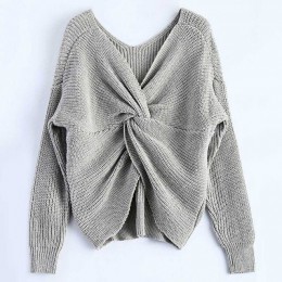 Retro 4 kolory V Neck Twisted z powrotem sweter kobiet swetry jesień swetry Casual bluzki z długim rękawem swetry z dzianiny pul