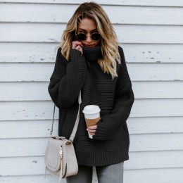 JAPPKBH zima sweter kobiety moda na co dzień stałe sweter z golfem ciepłe w stylu Vintage luźna z długim rękawem dziergany swete