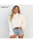 Nadafair z długim rękawem z golfem biały miękkie pluszowe sweter kobiet 2018 jesień zima dorywczo grube ciepłe faux futro pulowe