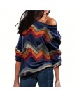 2019 wiosna sweter kobiety na co dzień z długim rękawem Sexy sweter na jedno ramię bluzki w stylu Vintage geometryczne drukowane
