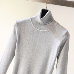 Brokat sweter z dzianiny z golfem Shinny Chic kobiety swetry i pulowery wiosna jesień cienkie bling Lurex slim podstawowe sweter