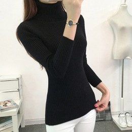 Nowy jesień zima sweter z dzianiny z golfem kobiety stałe sweter w paski Mujer z długim rękawem elegancki sweter dla pani