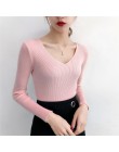 Pull Femme Sexy głębokie V Neck kobiety swetry i pulowery 2018 zima różowy szary z dzianiny ciepły sweter Slim Stretch sweter ko