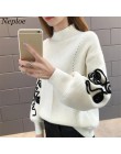 Neploe sweter kobiet koreański Pull Femme Hiver sweter szydełka rękaw Puff sweter Sueter Mujer dziergane swetry z golfem 36816