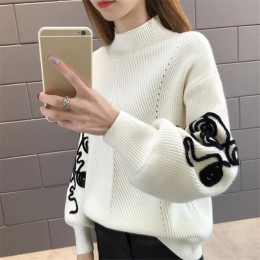 Neploe sweter kobiet koreański Pull Femme Hiver sweter szydełka rękaw Puff sweter Sueter Mujer dziergane swetry z golfem 36816