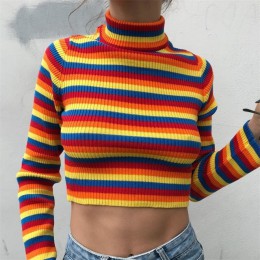 Z golfem moda rainbow swetry swetry z dzianiny damskie 2018 nowy zimowy sweter luźny sweter swetry kobiet