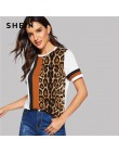 SHEIN biały kolor bloku wytnij i szyć Leopard góry panelu z krótkim rękawem O-Neck Casual T koszula kobiety 2019 letni wypoczyne