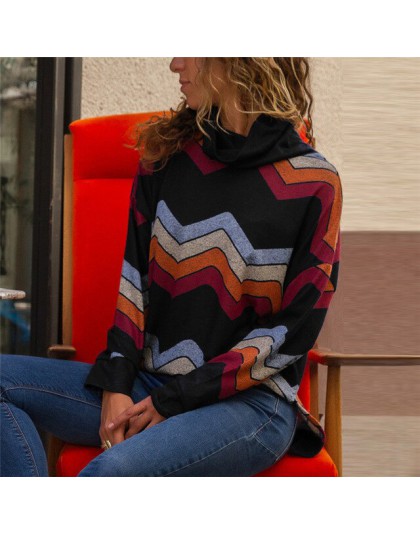 Rogi jesień moda sweter kobiet geometryczne drukowane swetry sweter z długim rękawem z golfem bluzki z dzianiny znosić sweter Fe