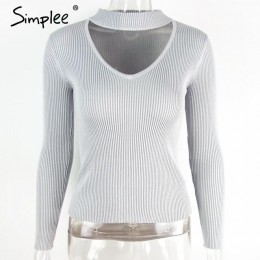 Simplee Halter sweter z dzianiny z długim rękawem kobiet topy jesień żółty v neck krótki sweter zimowy na co dzień panie jumper 